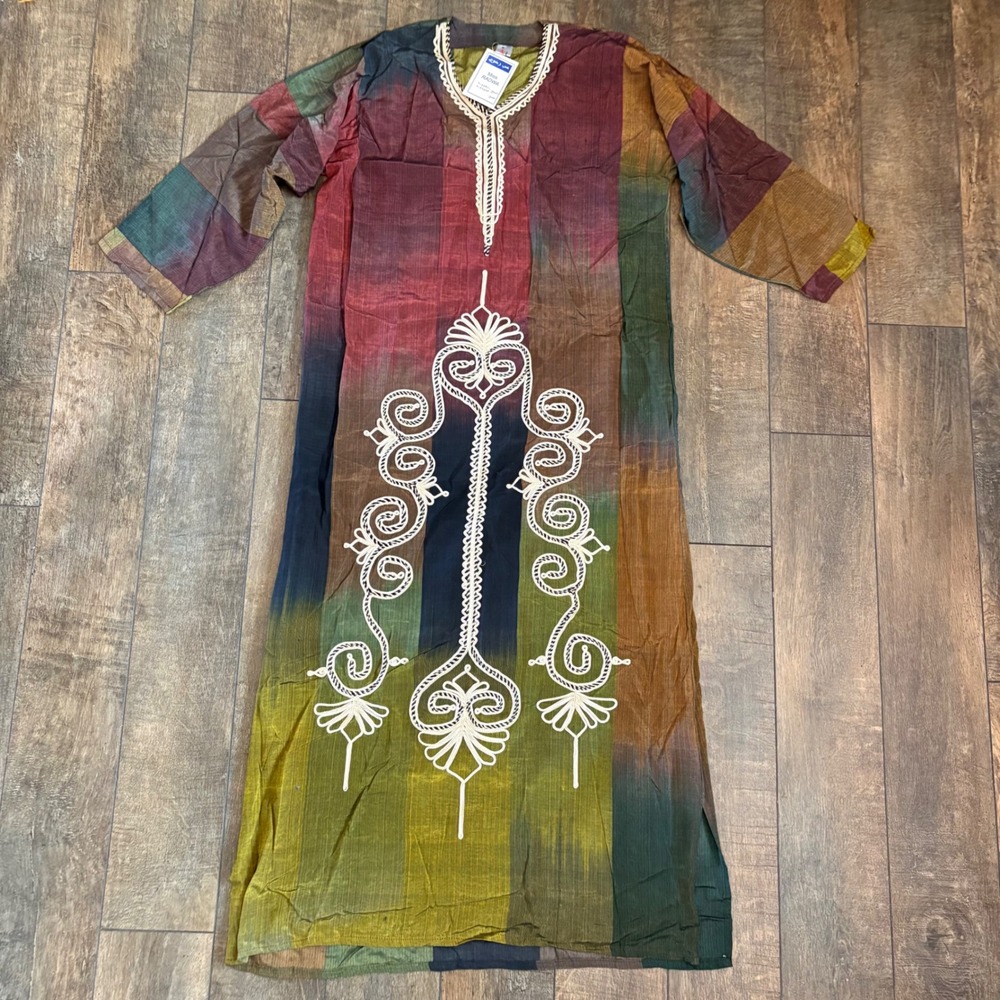 Miss Radwa NWT XL Striped Embroidered Caftan Dress Colorful Boho Bohemian 58"